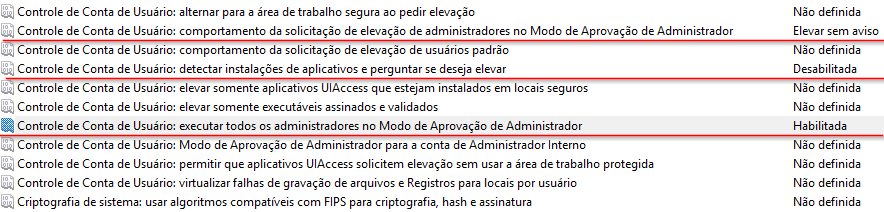Imagem mostrando a desativação da UAC - confguração