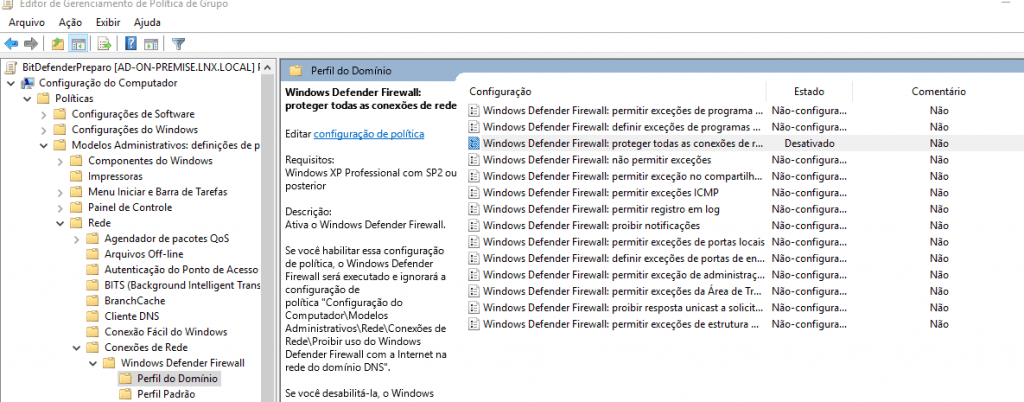 Imagem mostrando a configuração da GPO que desativa o firewall do Windows.
