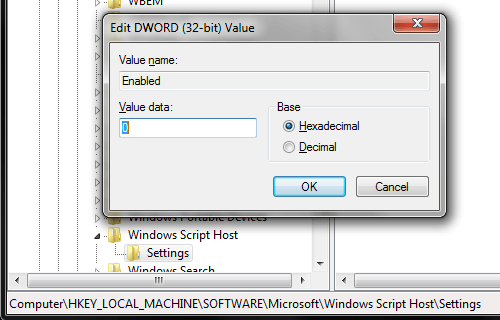 Imagem do Windows Script Host mostrando a chave Settings e o valor DWORD.