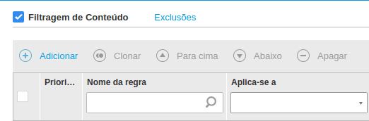 Opções de ativação do filtro de conteúdo e exceções.