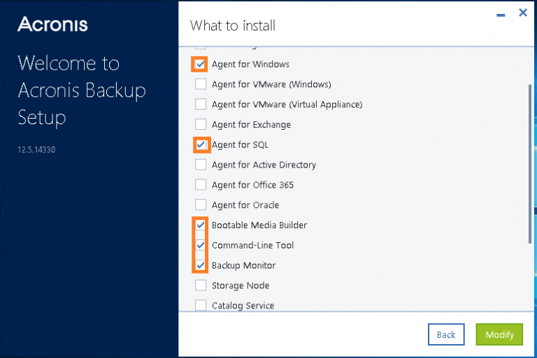 Instalação acronis sql server tela 3