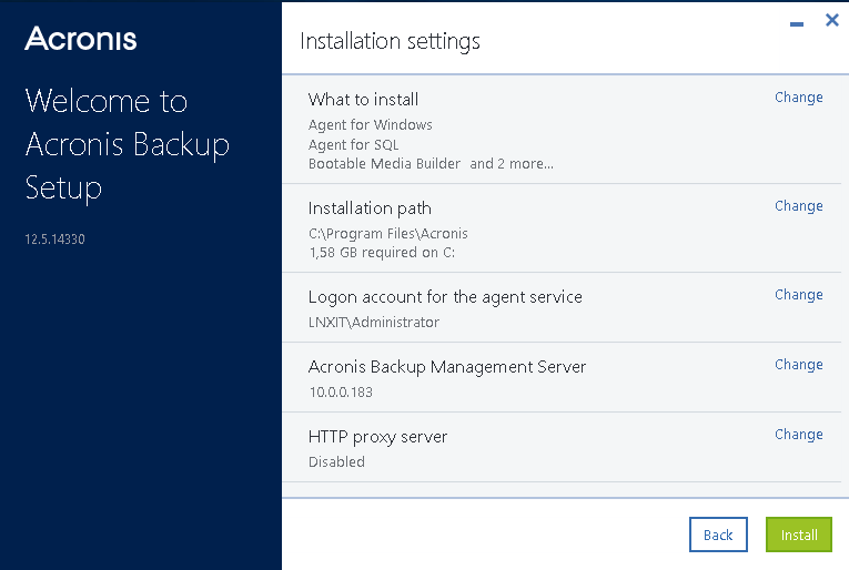 Instalação acronis sql server tela principal