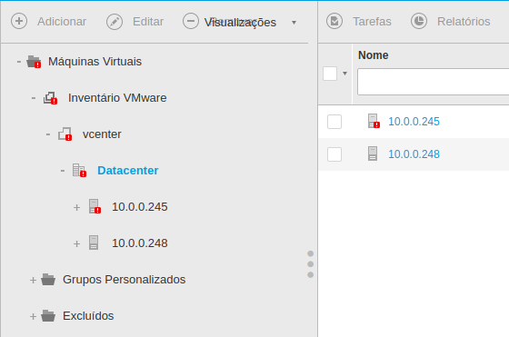 Imagem mostrando os hosts geridos pelo VMware vCenter através da integração com BitDefender GravityZone