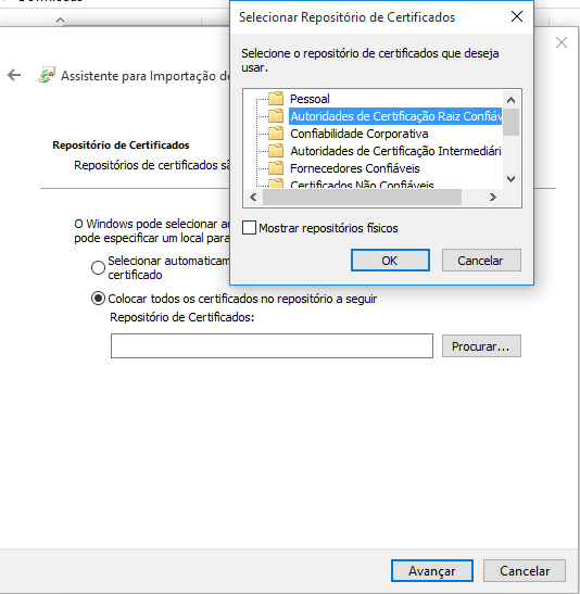 Imagem mostrando o locall de instalação do certificado digital do proxy