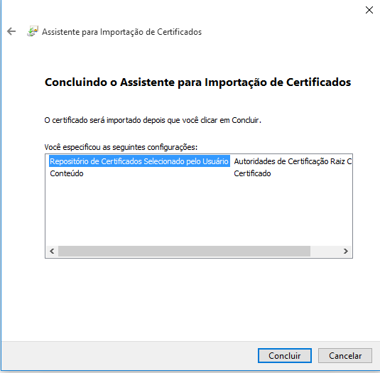 Imagem mostrando a conclusão da importação do certificado digital