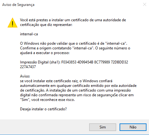 Imagem mostrando a advertência na hora de importar o certificado digital.