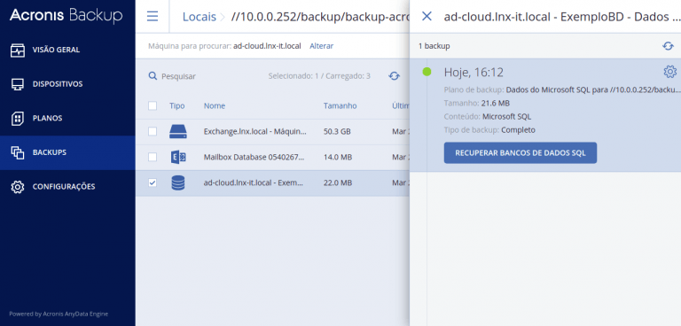 Restauração bd acronis tela 2