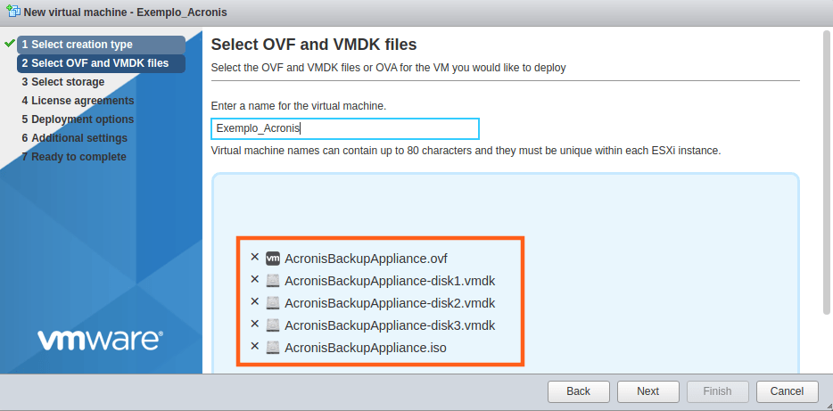 Importando todos os arquivos do Acronis appliance no VMware